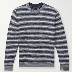 Loro Piana Sweater Mens L Midnight Blue White Cotton Silk Blend Slim Space Dyed